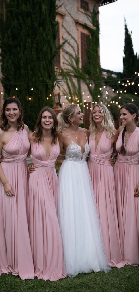 Sexy Pink V-Neck Sleeveless A-Line Long Bridesmaid Dresses Online, BG868
