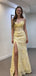 Modern Yellow Floral Lace Prom Dress Strapless Cowl Neck High Slit Corset Gala Gown, OLP1708