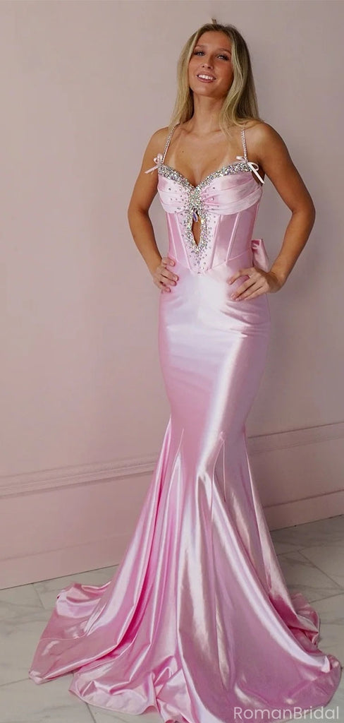 Elegant Pink Spaghetti Strap Mermaid Long Prom Dress Ideas, Evening Party Dresses, OLP1675