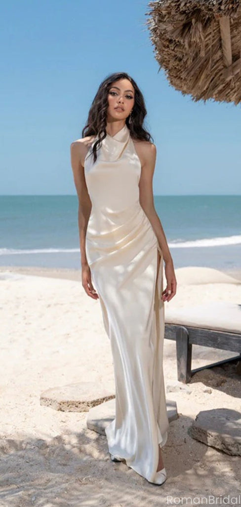 Elegant White High Neck Mermaid Long Prom Dress Ideas, Evening Party Dresses, OLP1419