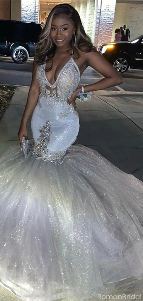 Shiny White Spaghetti Strap Mermaid Long Prom Dress Ideas, Evening Party Dresses, OLP1620