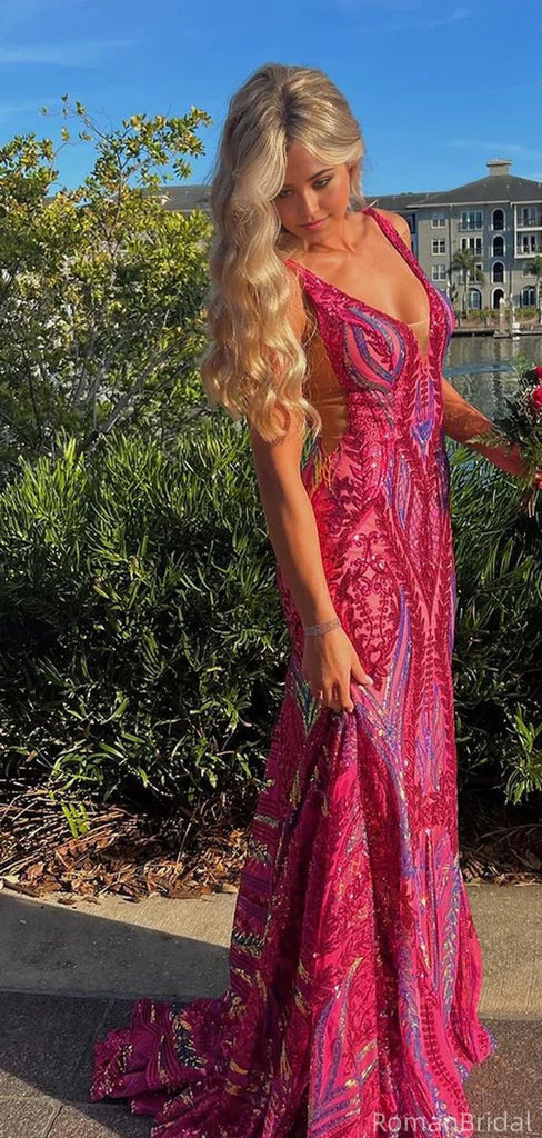 Unique Pink Spaghetti Strap Mermaid  Long Prom Dress Ideas, Evening Party Dresses, OLP1369
