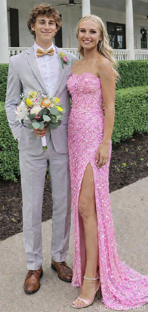 Fancy Sequin Pink Prom Dress Strapless Sparkly Side Slit Shimmering Party Gown,OLP1855