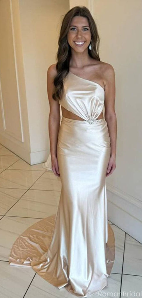 Elegant Champagne One-Shoulder Mermaid Side Slit Long Prom Dress Ideas, Evening Party Dresses, OLP1647