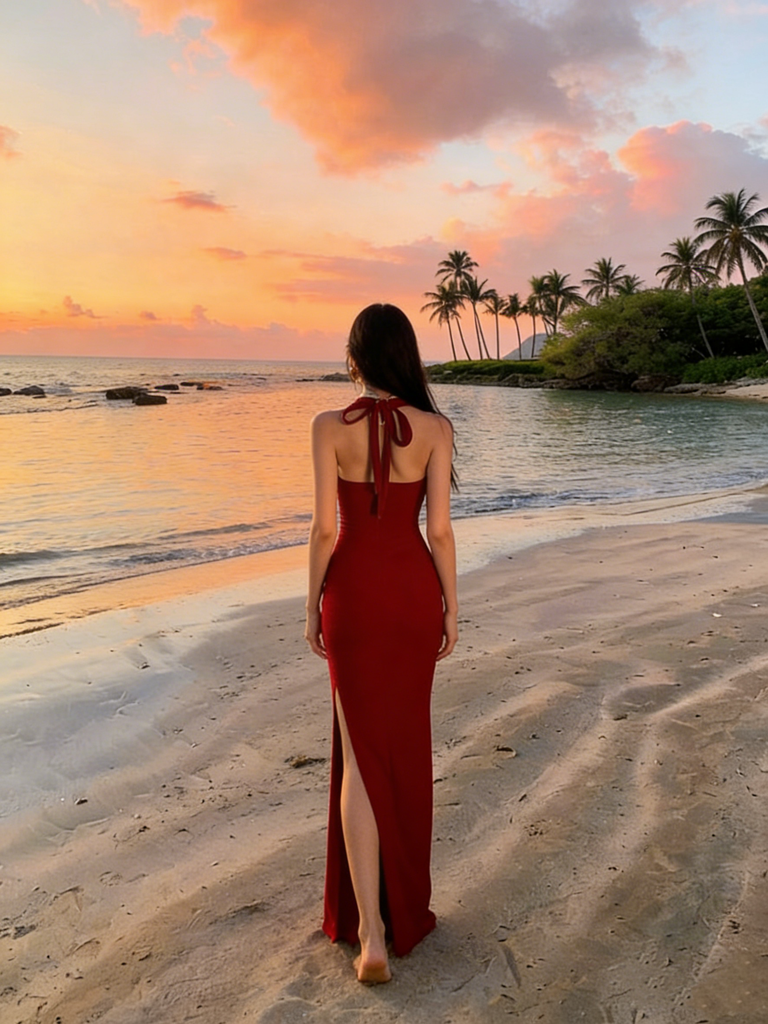 Fancy Red Halter Neck Prom Gown Elegant High Slit Rosette Detail Floor Length,OLP1944
