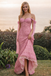 Unique Pink Lace Mermaid Prom Dress with Detachable Off Shoulder Chiffon Sleeves,OLP2121