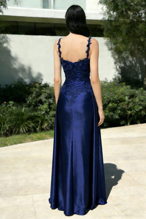 Modern Navy Blue Satin Prom Dress Embroidered Lace Straps Sleeveless Open Back Design, OLP1693