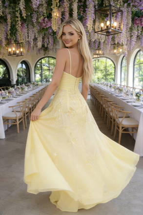 Unique Yellow Lace Prom Gown Spaghetti Straps Sequined Bodice Formal Wear,OLP1987