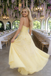 Unique Yellow Lace Prom Gown Spaghetti Straps Sequined Bodice Formal Wear,OLP1987