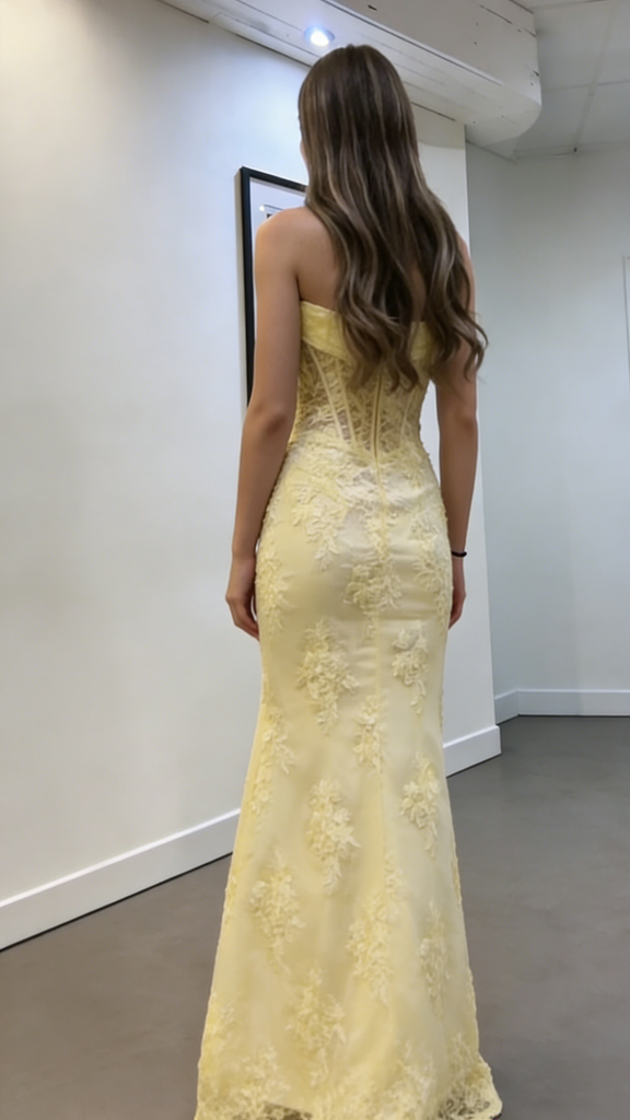 Modern Yellow Floral Lace Prom Dress Strapless Cowl Neck High Slit Corset Gala Gown, OLP1708