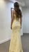 Modern Yellow Floral Lace Prom Dress Strapless Cowl Neck High Slit Corset Gala Gown, OLP1708