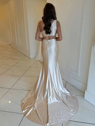 Elegant Champagne One-Shoulder Mermaid Side Slit Long Prom Dress Ideas, Evening Party Dresses, OLP1647
