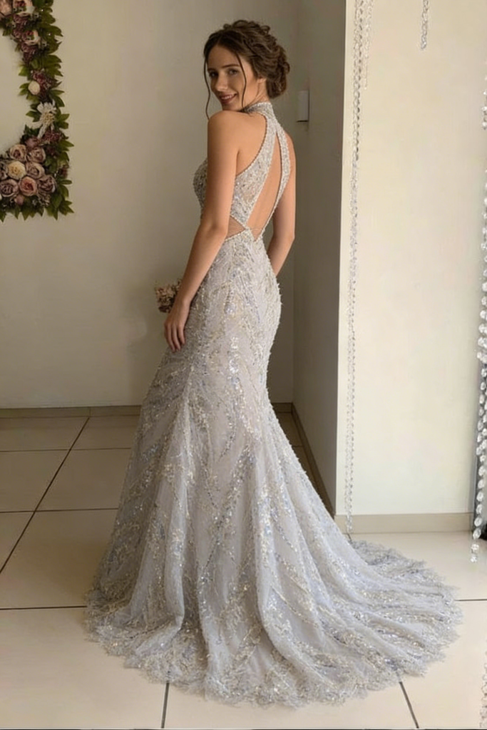 Unique Sparkly Sequin Prom Dress High Neck Mermaid Sleeveless Formal Party Gown,OLP2044