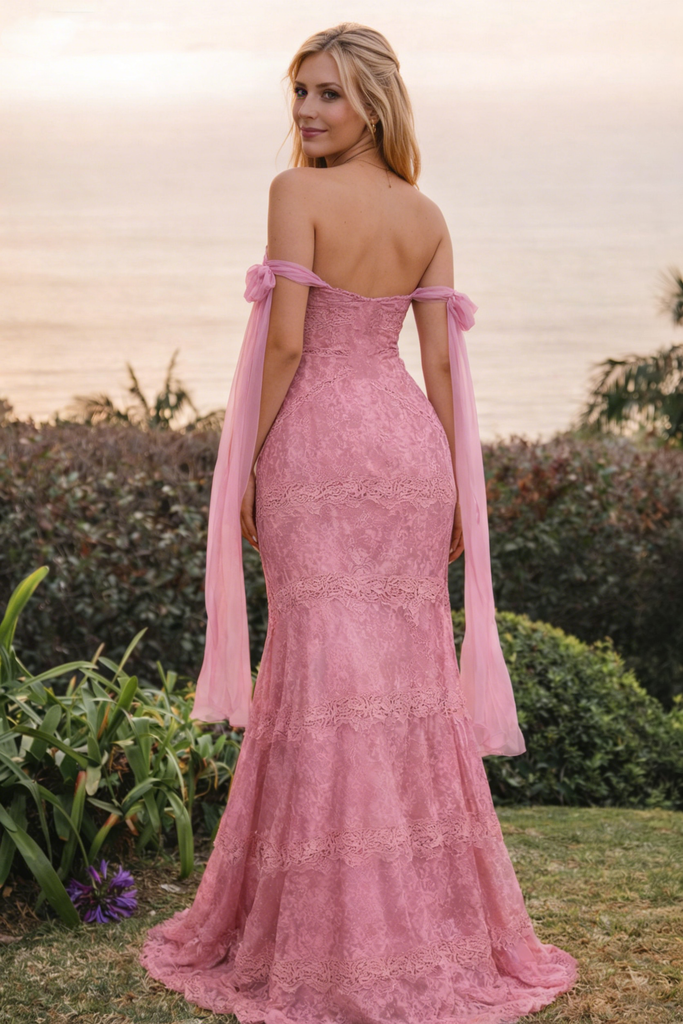Unique Pink Lace Mermaid Prom Dress with Detachable Off Shoulder Chiffon Sleeves,OLP2121