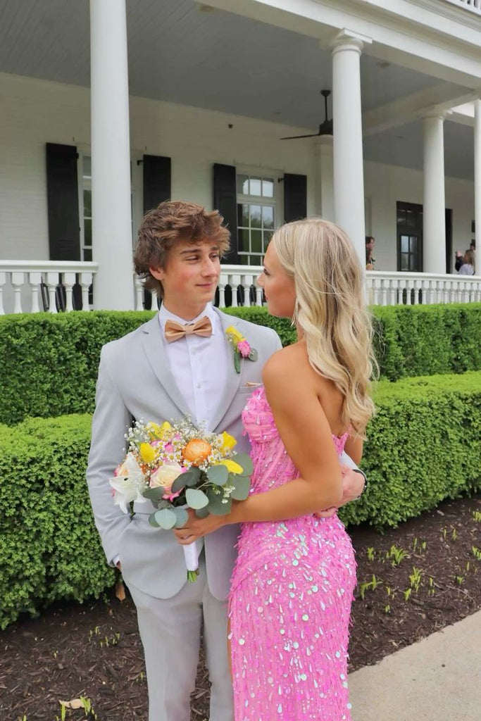 Fancy Sequin Pink Prom Dress Strapless Sparkly Side Slit Shimmering Party Gown,OLP1855