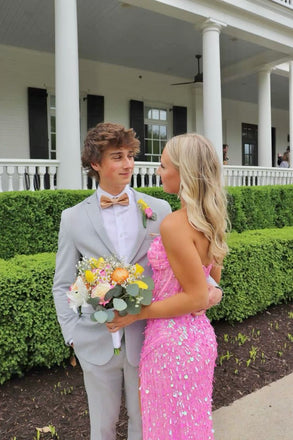 Fancy Sequin Pink Prom Dress Strapless Sparkly Side Slit Shimmering Party Gown,OLP1855