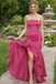 Unique Fuchsia Mermaid Formal Dress Strapless Ruched Satin Ruffle Skirt Gown,OLP1917