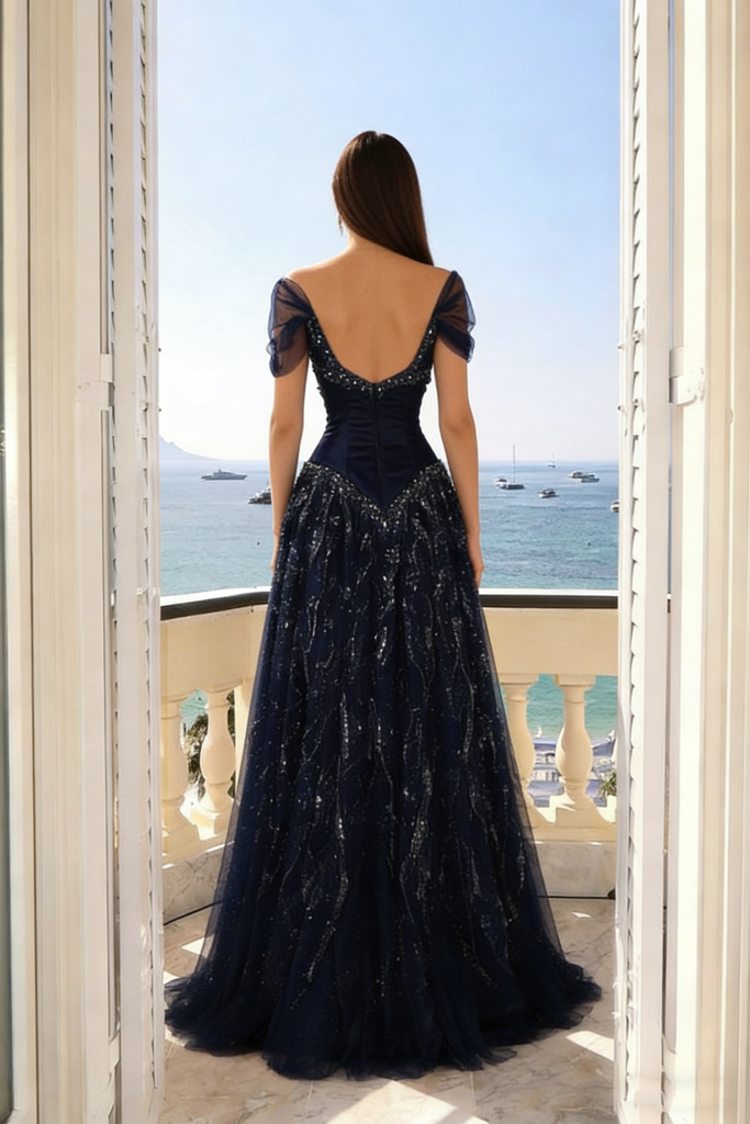 Unique Navy Blue Sparkly Prom Gown Off-The-Shoulder Tulle A-Line Evening Dress,OLP2011