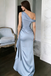 Modern Ice Blue Satin Prom Dress One Shoulder Side Slit Sexy Formal Maxi,OLP1974