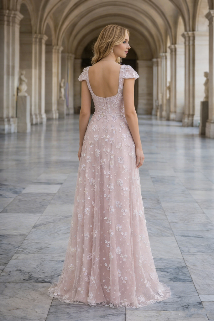 Classy Cap Sleeve Prom Gown Square Neck A-Line Tulle Dress with Floral Beads,OLP1902