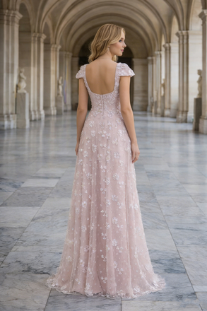 Classy Cap Sleeve Prom Gown Square Neck A-Line Tulle Dress with Floral Beads,OLP1902