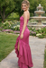 Unique Fuchsia Mermaid Formal Dress Strapless Ruched Satin Ruffle Skirt Gown,OLP1917