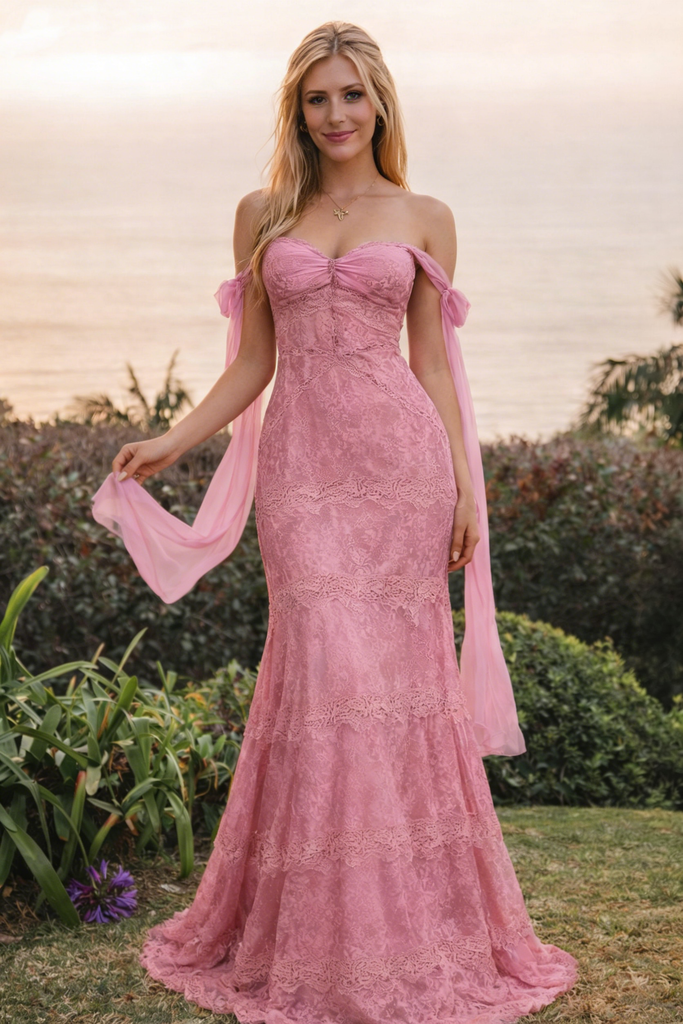 Unique Pink Lace Mermaid Prom Dress with Detachable Off Shoulder Chiffon Sleeves,OLP2121