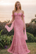 Unique Pink Lace Mermaid Prom Dress with Detachable Off Shoulder Chiffon Sleeves,OLP2121