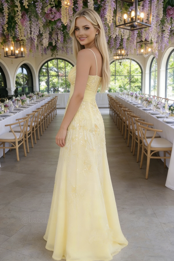 Unique Yellow Lace Prom Gown Spaghetti Straps Sequined Bodice Formal Wear,OLP1987