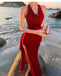 Fancy Red Halter Neck Prom Gown Elegant High Slit Rosette Detail Floor Length,OLP1944