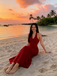 Fancy Red Halter Neck Prom Gown Elegant High Slit Rosette Detail Floor Length,OLP1944