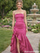 Unique Fuchsia Mermaid Formal Dress Strapless Ruched Satin Ruffle Skirt Gown,OLP1917