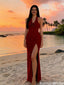 Fancy Red Halter Neck Prom Gown Elegant High Slit Rosette Detail Floor Length,OLP1944