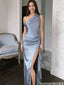 Modern Ice Blue Satin Prom Dress One Shoulder Side Slit Sexy Formal Maxi,OLP1974