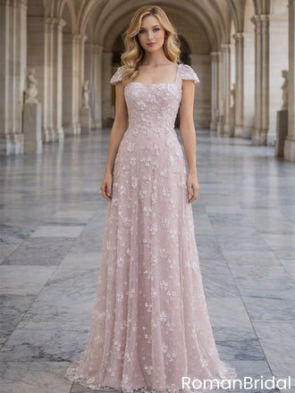 Classy Cap Sleeve Prom Gown Square Neck A-Line Tulle Dress with Floral Beads,OLP1902