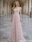 Classy Cap Sleeve Prom Gown Square Neck A-Line Tulle Dress with Floral Beads,OLP1902