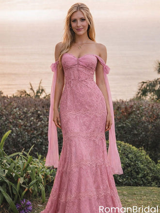 Unique Pink Lace Mermaid Prom Dress with Detachable Off Shoulder Chiffon Sleeves,OLP2121