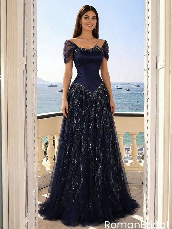 Unique Navy Blue Sparkly Prom Gown Off-The-Shoulder Tulle A-Line Evening Dress,OLP2011