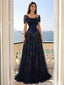 Unique Navy Blue Sparkly Prom Gown Off-The-Shoulder Tulle A-Line Evening Dress,OLP2011
