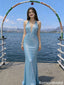 Sparkly Light Blue Mermaid Prom Dress Sexy Deep V-Neck Halter Backless Gown,OLP2158