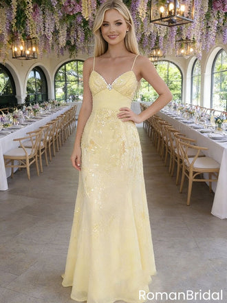 Unique Yellow Lace Prom Gown Spaghetti Straps Sequined Bodice Formal Wear,OLP1987