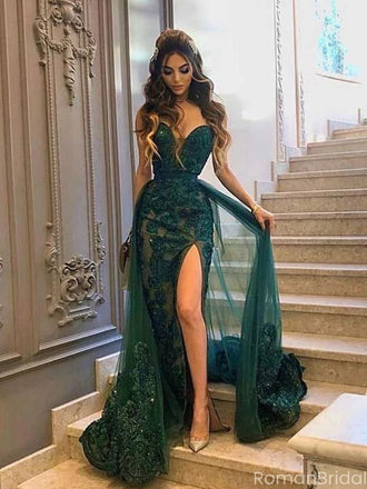 Sexy Green Sweetheart Mermaid Side Slit Long Prom Dress Ideas, Evening Party Dresses, OLP1302