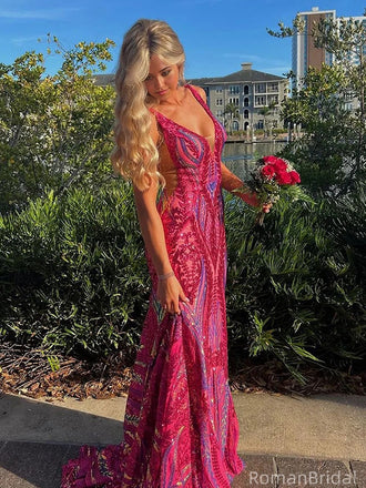 Unique Pink Spaghetti Strap Mermaid  Long Prom Dress Ideas, Evening Party Dresses, OLP1369