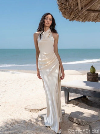 Elegant White High Neck Mermaid Long Prom Dress Ideas, Evening Party Dresses, OLP1419