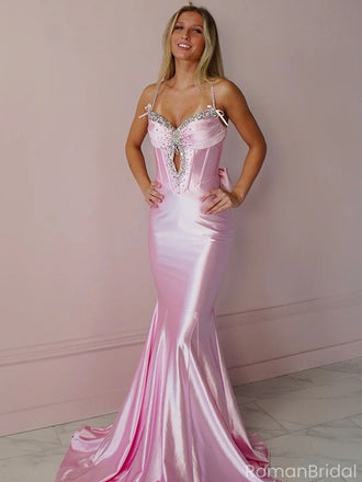 Elegant Pink Spaghetti Strap Mermaid Long Prom Dress Ideas, Evening Party Dresses, OLP1675