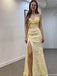 Modern Yellow Floral Lace Prom Dress Strapless Cowl Neck High Slit Corset Gala Gown, OLP1708