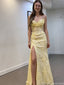 Modern Yellow Floral Lace Prom Dress Strapless Cowl Neck High Slit Corset Gala Gown, OLP1708