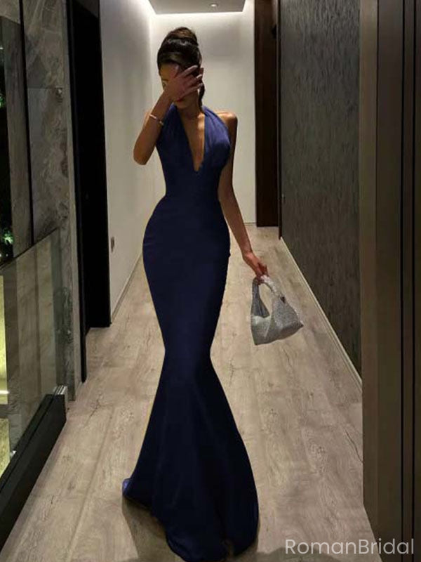 Sexy Navy Blue V-Neck Mermaid Long Prom Dress Ideas, Evening Party Dresses, OLP1661