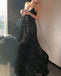 Sparkly A-line Spaghetti Straps V-neck Sequins Long Black Prom Dresses Online, OL713