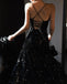 Sparkly A-line Spaghetti Straps V-neck Sequins Long Black Prom Dresses Online, OL713